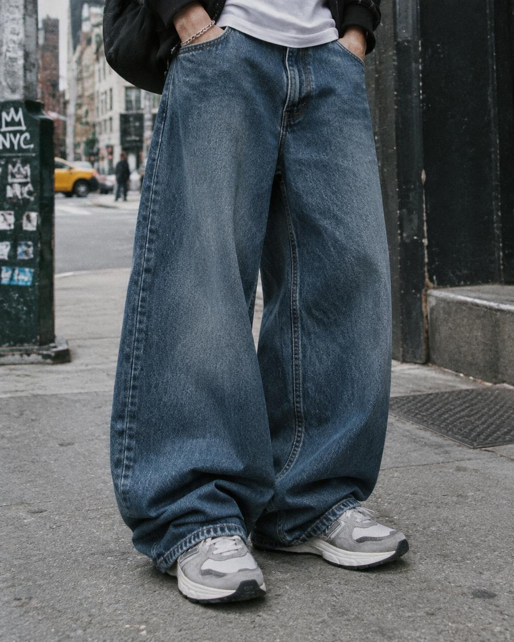 Wide-leg baggy denim jeans worn on the street