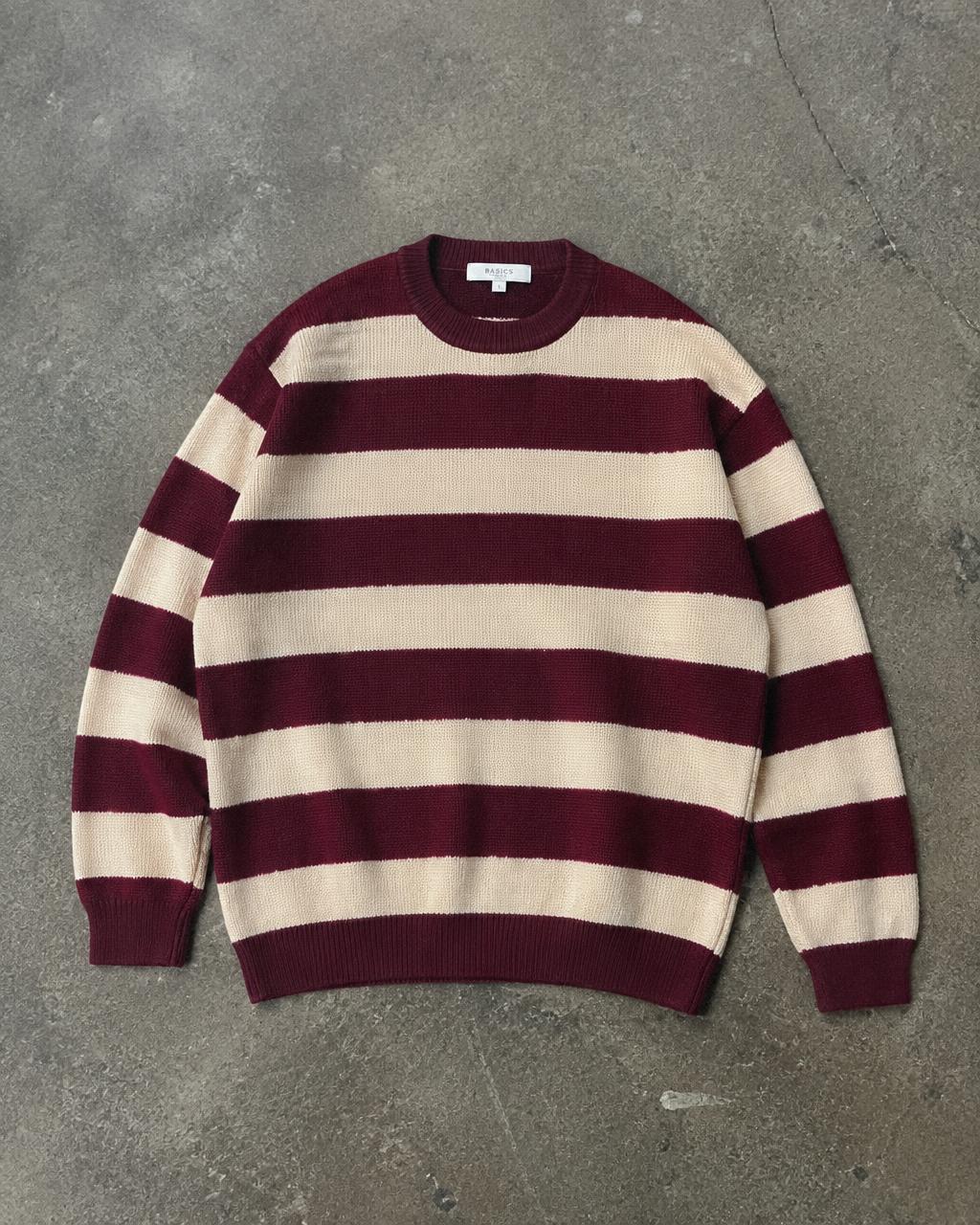 Burgundy and cream striped knit crew sweater